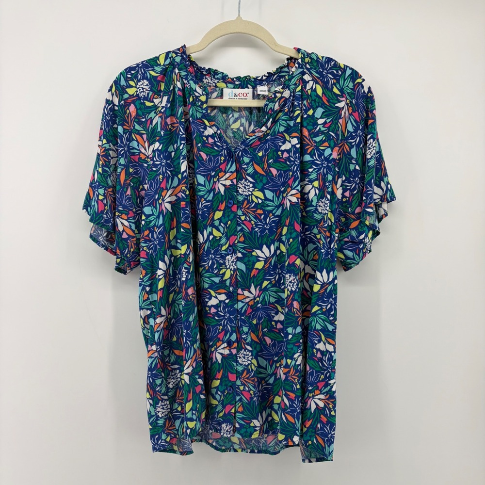 Denim & Co Womens Medium Blue Floral Rayon Button Front Ruffle Neck Blouse